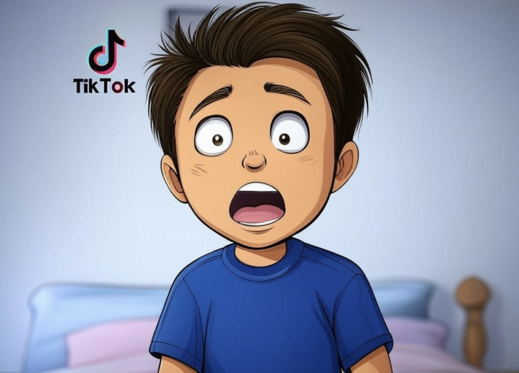 A cartoon character with spiky brown hair wearing a blue shirt, looking very surprised with wide eyes and an open mouth. The TikTok logo is displayed in the top left corner, and the background shows a bedroom with a bed and a wooden post.