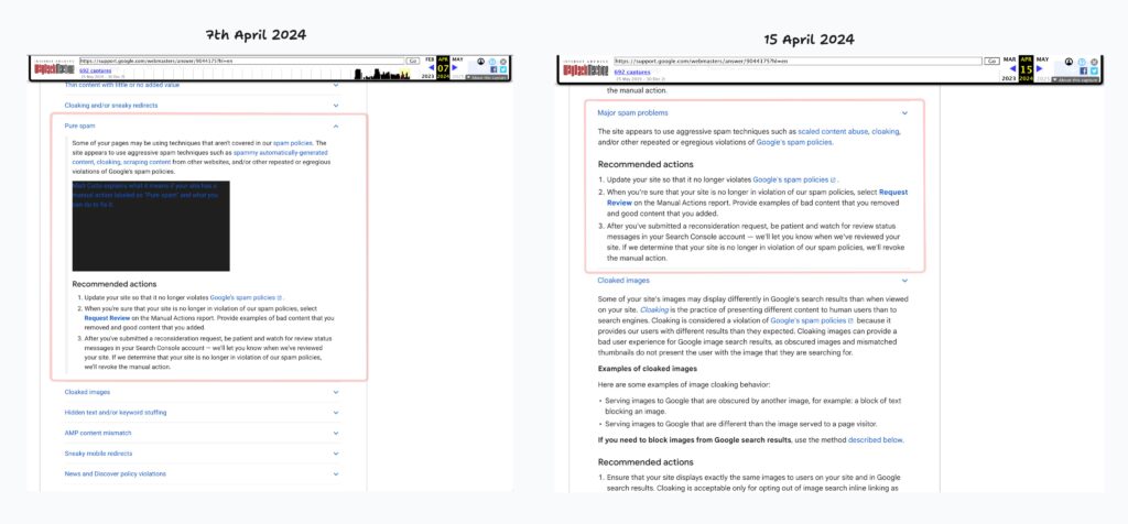 Comparison of Google Search Console spam policy pages from 7th April 2024 and 15th April 2024, showing changes in the policy regarding pure spam and cloaked images.