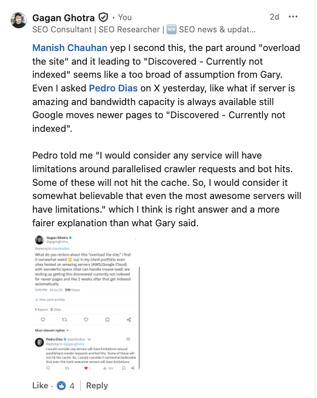 Screenshot of a LinkedIn post by Gagan Ghotra discussing indexing issues in Google, referencing Pedro Dias' perspective on server limitations and crawl requests impacting indexing.