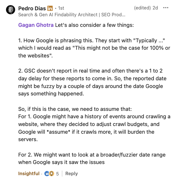 Screenshot of a LinkedIn comment by Pedro Dias discussing Google Search Console's reporting delays, crawl budgets, and assumptions about how Google handles crawling and server burden.