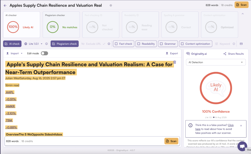 Originality AI dashboard