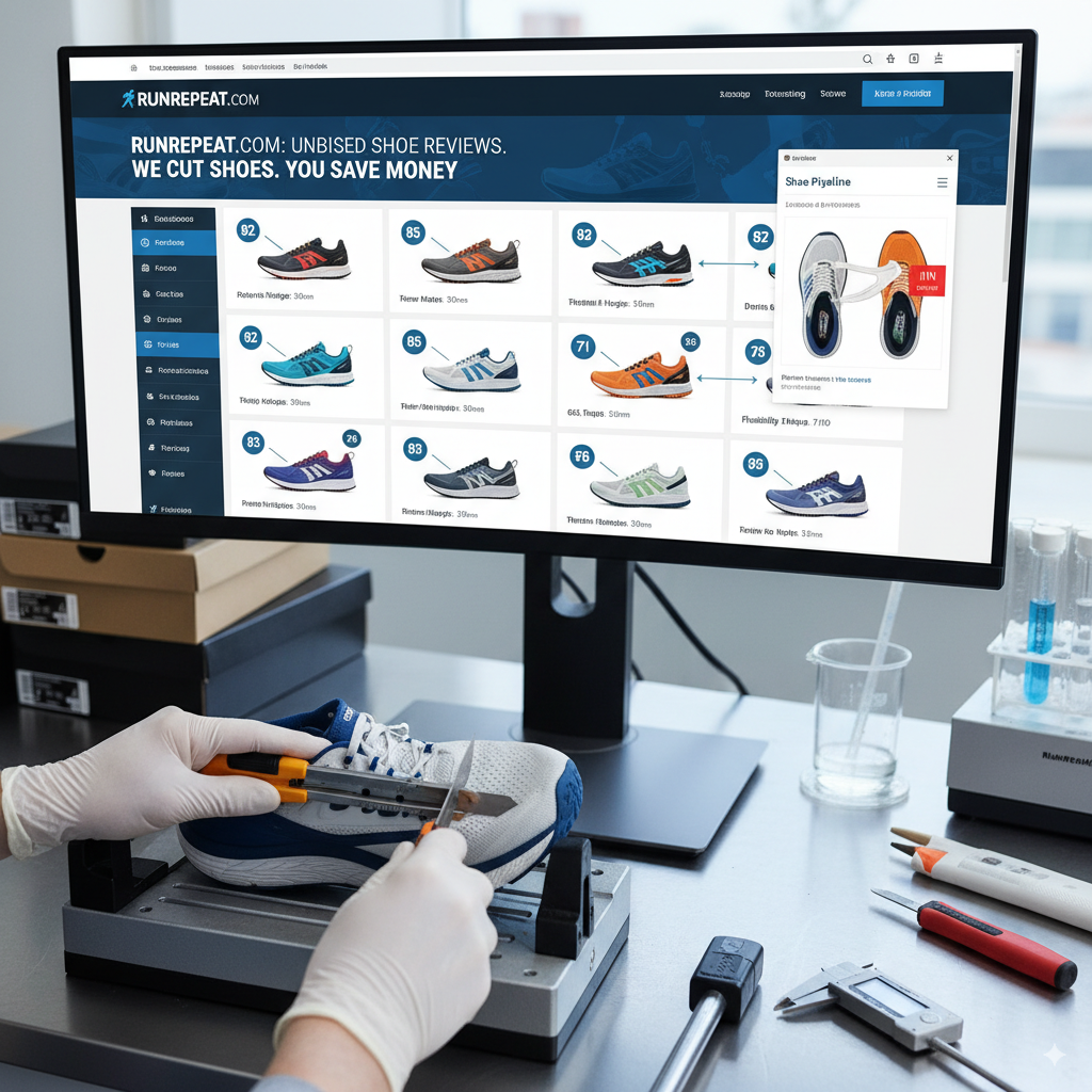 A split image showing the RunRepeat.com website on a computer monitor and a hand in a lab coat cutting a running shoe in half. The website displays various shoe reviews with 'CoreScores' and a 'Shoe Pipeline' feature showing a cross-section of a shoe. Lab equipment like calipers, cutters, and test tubes are visible on the desk, illustrating RunRepeat's in-depth, data-driven review process.