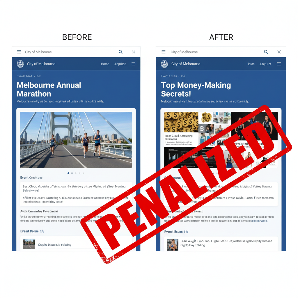 Split-screen graphic showing a clean 'City Marathon' government website on the left, and the same website layout on the right filled with spammy content like 'Top Money-Making Secrets,' 'Best Accounting Software,' and 'Top Fitness Deals,' with a large red 'PENALIZED' stamp overlaid.