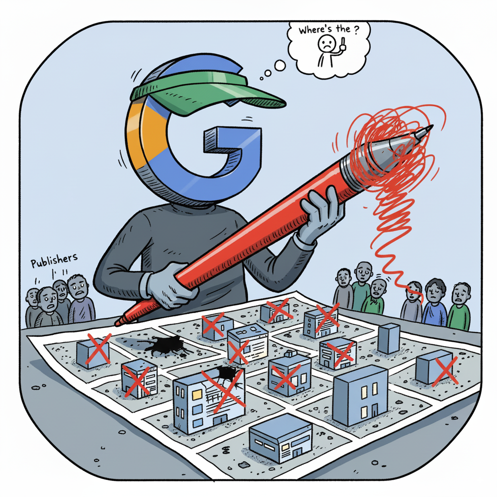 An editorial cartoon shows a large figure with a Google 'G' logo for a head, wearing an editor's visor and holding an oversized red pen. The figure is aggressively scribbling X marks over various small building-like icons representing websites on a grid-like map of the internet. Many of the 'websites' are crossed out, some appearing to be legitimate or 'good' buildings. On either side of the map, small crowds of worried-looking people, labeled "Publishers," observe the scene with dismay. Above, a thought bubble shows a small, stick-figure person looking confused, asking "Where's the?". The image depicts Google's Helpful Content Update as an editorial decision that negatively impacts both bad and good publishers.