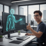 A man with glasses smiles and gives a thumbs-up while sitting at a modern desk with a computer monitor. On the monitor, a semi-transparent, holographic blue figure representing Gemini Code Assist points to a "Plan" dialog box with checked tasks like "Edit main.py" and "Run unit tests," signifying a collaborative and supervised AI workflow.