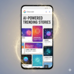 An editorial-style graphic showing a smartphone screen displaying the Google Discover feed. The screen features "AI-POWERED TRENDING STORIES" as a prominent header. Below, a vibrant grid of news cards with bright colors showcases AI-themed topics, such as "TRENDING NOW: Future of AI in Healthcare," "GLOBAL CHIP RACE," and "CLIMATE TECH: AI Solutions," each accompanied by abstract digital or AI-related icons. Sparkles emanate from the phone, creating a "trending now" effect, emphasizing dynamic, real-time updates. The Google "G" logo and "Discover" text are visible at the top of the screen.