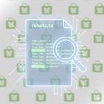 A modern editorial illustration featuring a semi-transparent, glowing white document labeled "robots.txt" at its center. The document displays text with "Disallow: /products**" rules highlighted in a soft green, indicating directives to block certain product URLs. A light blue magnifying glass icon is overlaid on the document, focusing on these disallow rules. In the blurred background, a repeating pattern of subtle green Shopify shopping bag logos subtly suggests an e-commerce context. The overall style is clean, professional, and minimalistic.