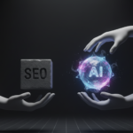 3D rendered hands holding objects representing SEO and AI, with a stone block labeled 'SEO' and a glowing sphere labeled 'AI' against a dark background